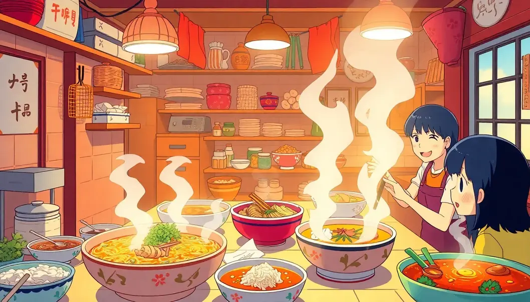 Anime characters enjoying comfort food in a lively kitchen.
