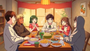 Anime characters dining together in a cozy setting with comfort foods.