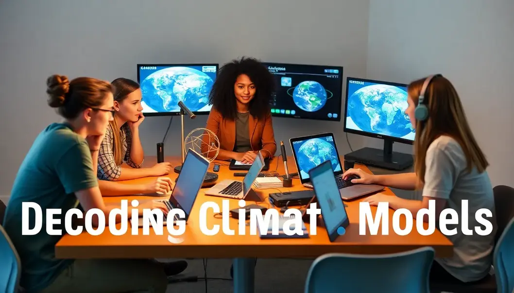 Young adults exploring climate models on laptops.