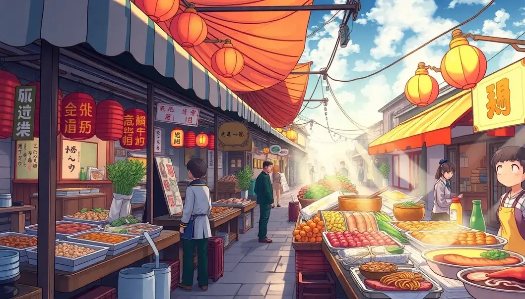 Anime characters enjoying comfort food in a lively kitchen.