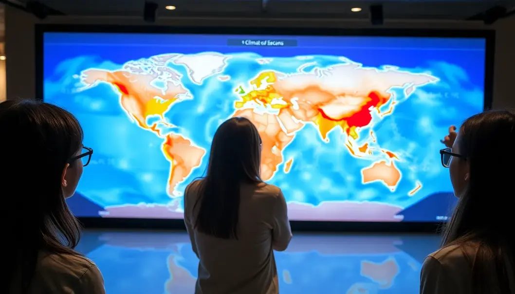 Young adults exploring climate models on laptops.