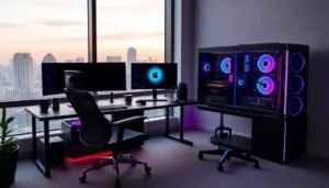 Sleek gaming setup in a modern office with dual monitors and RGB-lit PC.