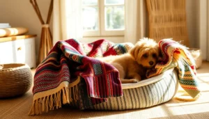 Woven textiles with traditional patterns adorning a pet bed in a sunlit room.