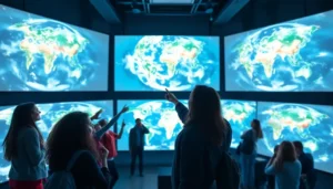 High-tech room with Earth projections displaying climate data, surrounded by young adults in discussion.
